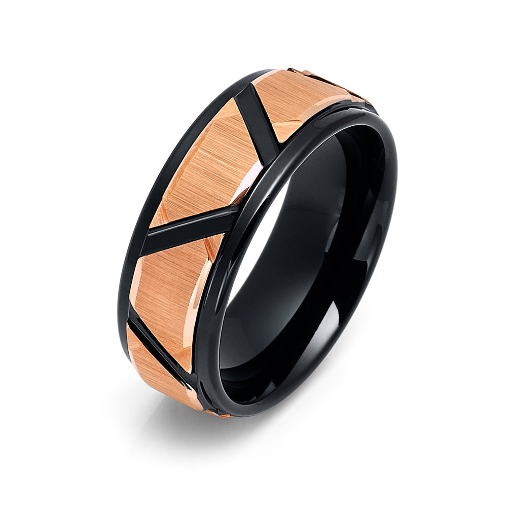 8mm Black Tungsten Wedding Band W/ Rose Gold Trapezoids Stepped Edges