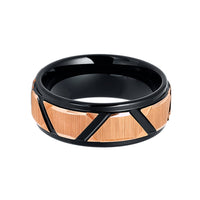 8mm Black Tungsten Wedding Band W/ Rose Gold Trapezoids Stepped Edges