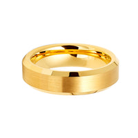 6mm - 14k Yellow Gold Tungsten Carbide Wedding Band Beveled Edges Brush Center