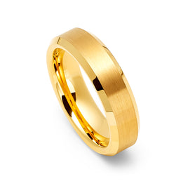 6mm - 14k Yellow Gold Tungsten Carbide Wedding Band Beveled Edges Brush Center