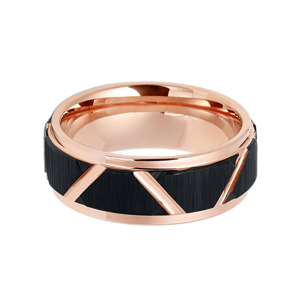 8mm Rose Gold Tungsten Wedding Band W/ Black Trapezoids Stepped Edges
