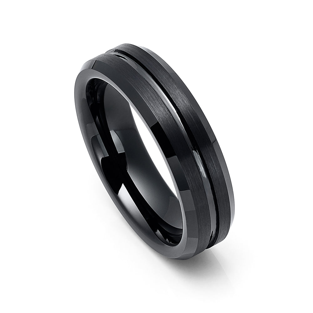 6mm - Black Tungsten Carbide Wedding Band Black Center Groove