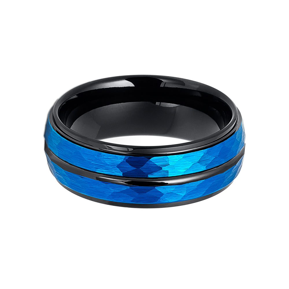 8mm - Blue & Black Tungsten Hammered Wedding Band High Polished Stepped Edges