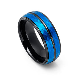 8mm - Blue & Black Tungsten Hammered Wedding Band High Polished Stepped Edges