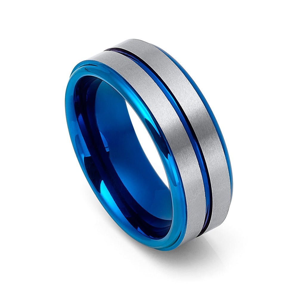 8mm Blue Tungsten Carbide Wedding Ring Center Groove Brushed Finish