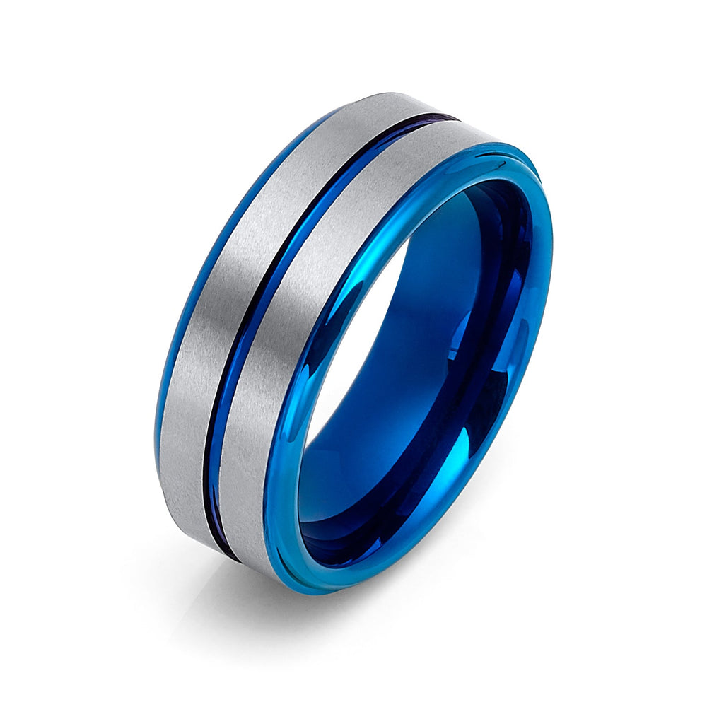 8mm Blue Tungsten Carbide Wedding Ring Center Groove Brushed Finish