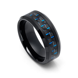 8mm Black Tungsten Ring With Blue Carbon Fiber Inlay, Engagement Ring
