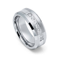 Silver Tungsten Band High Polished with Prong set With 7 Round CZs- 8mm