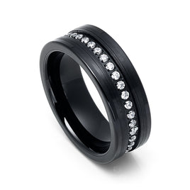 8mm Black Tungsten Carbide Wedding Ring Brushed Center W/ Cubic Zircon Diamonds