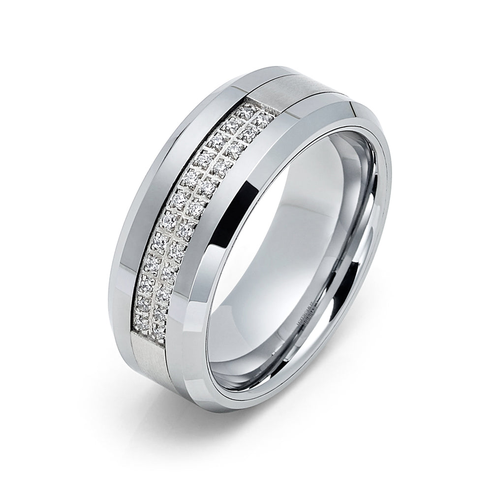 8mm - Silver Tungsten Wedding Band Double Row W/ 24 CZs Diamond Inlay