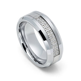 8mm - Silver Tungsten Wedding Band Double Row W/ 24 CZs Diamond Inlay
