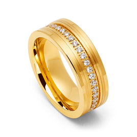 8mm - Men's Tungsten Wedding Band, CZ Diamond Ring, Comfort Fit Ring, Yellow Gold Ring,
