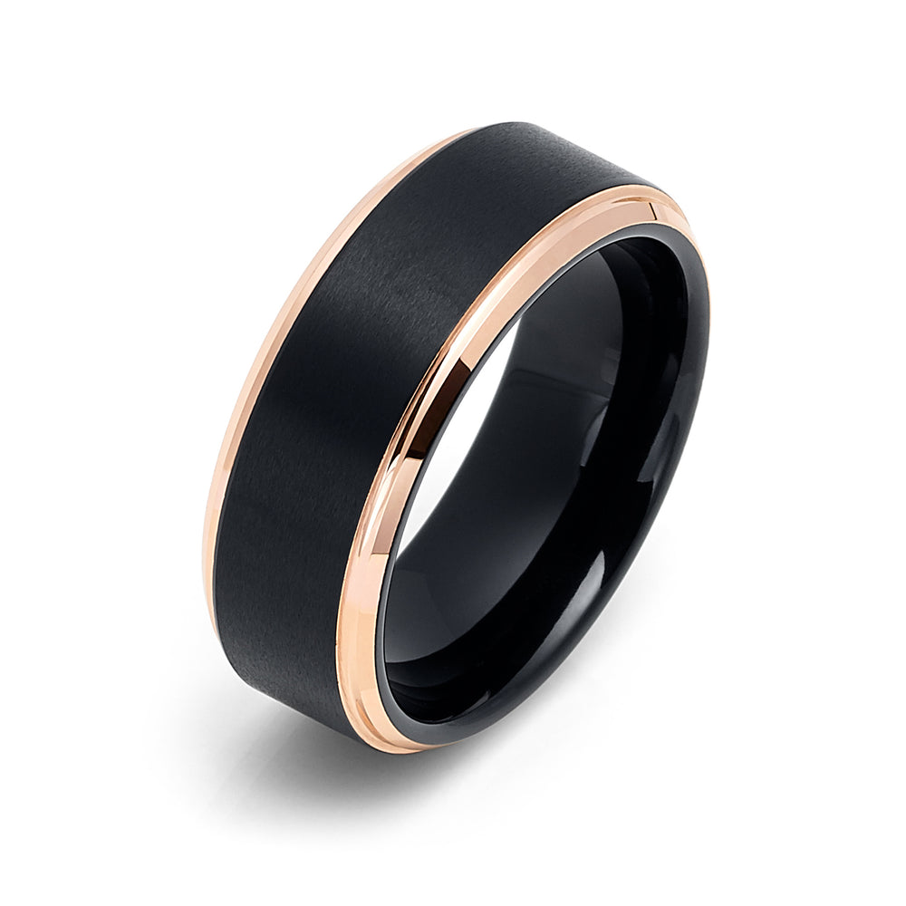 8mm - Rose Gold Tungsten Carbide Wedding Band - Shinny Stepped Edges Brushed Black Center