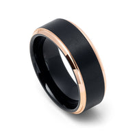 8mm - Rose Gold Tungsten Carbide Wedding Band - Shinny Stepped Edges Brushed Black Center