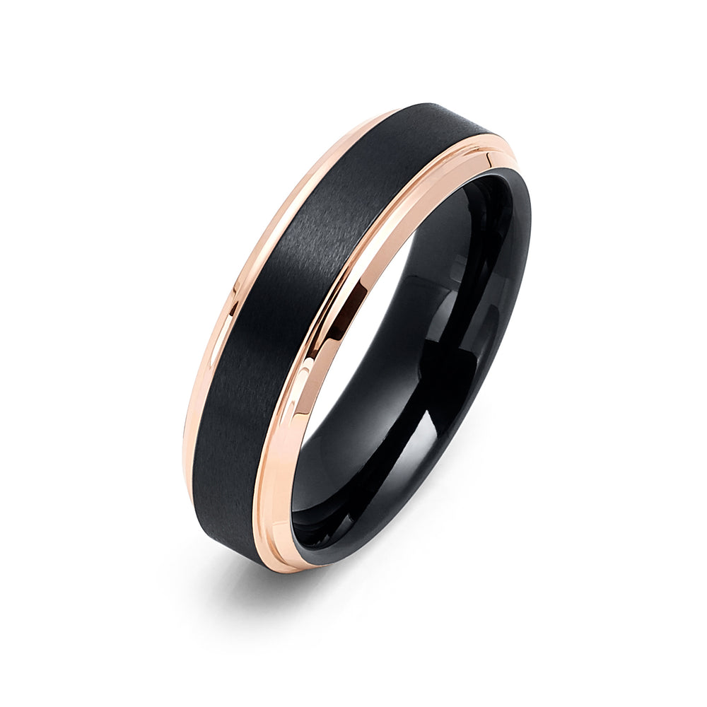 6mm - Rose Gold Tungsten Band Stepped Edges Brushed Black Center