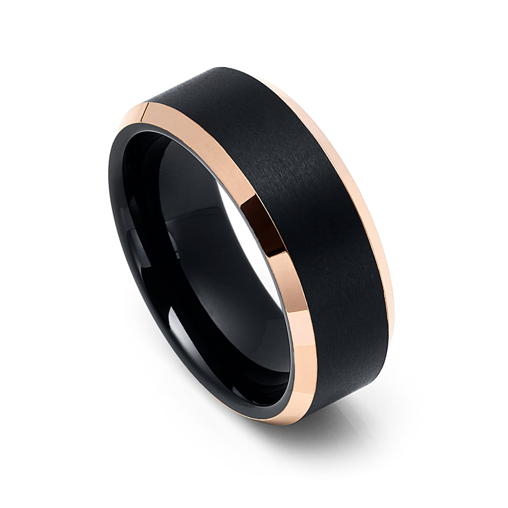 8mm - Rose Gold Tungsten Carbide Wedding Band Shinny Beveled Edges Brushed Black Center
