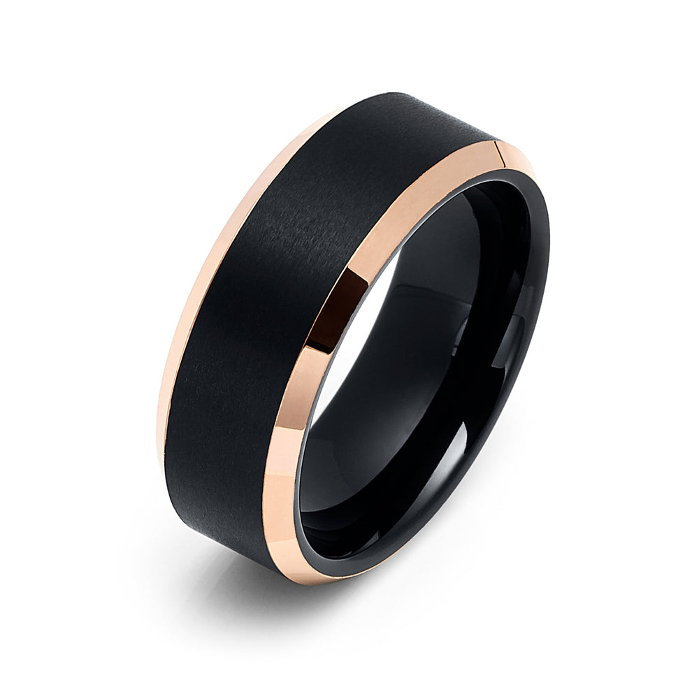8mm - Rose Gold Tungsten Carbide Wedding Band Shinny Beveled Edges Brushed Black Center