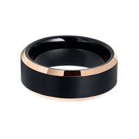 8mm - Rose Gold Tungsten Carbide Wedding Band Shinny Beveled Edges Brushed Black Center