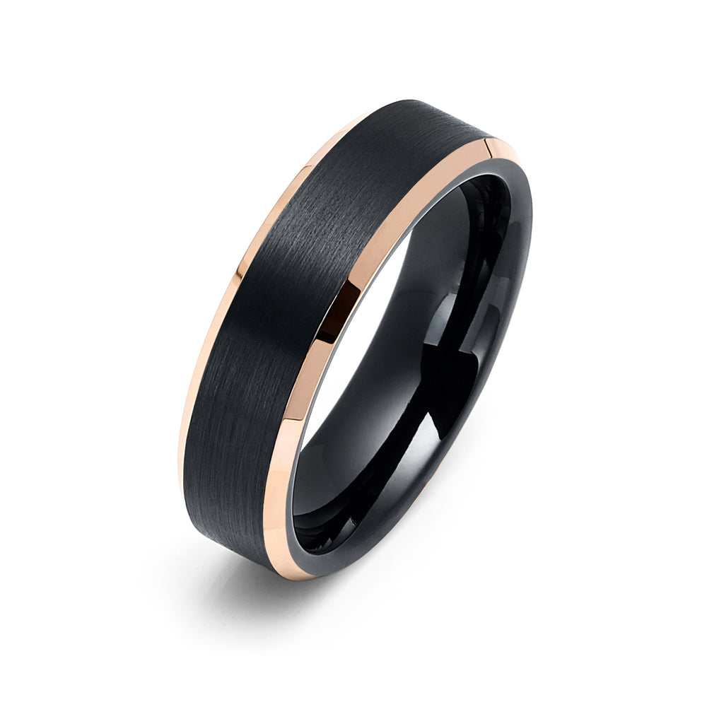 6mm - Rose Gold Tungsten Carbide Wedding Band Shiny Beveled Edges Brushed Black Center