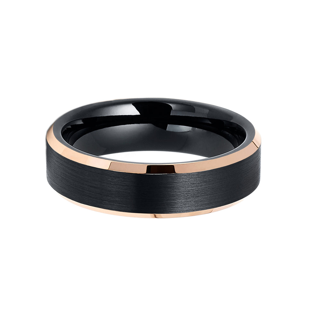 6mm - Rose Gold Tungsten Carbide Wedding Band Shiny Beveled Edges Brushed Black Center