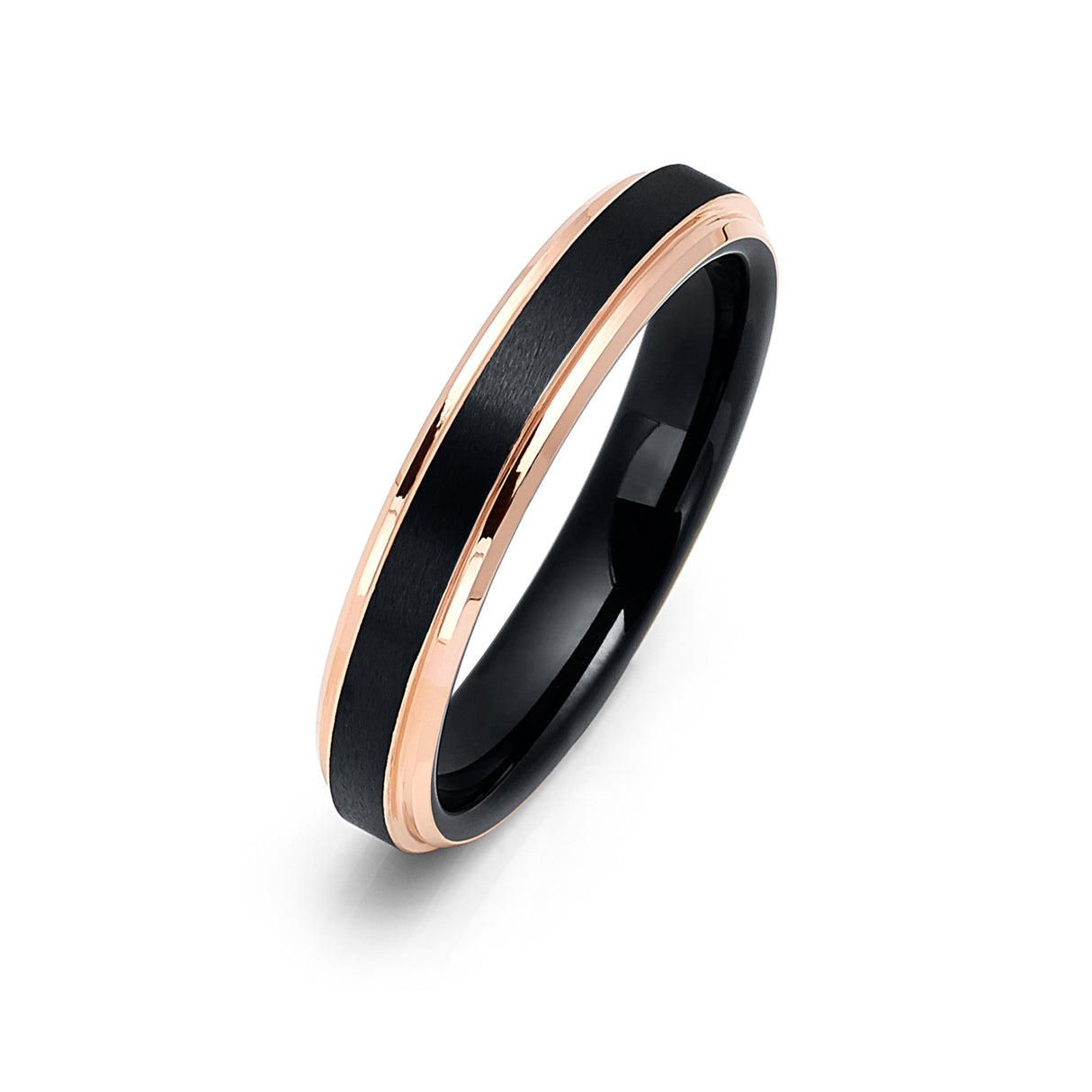 4mm - Rose Gold Tungsten Carbide Wedding Band - Shinny Stepped Edges Brushed Black Center