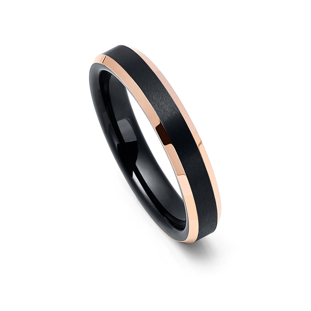 4mm - Rose Gold Tungsten Carbide Wedding Band Shinny Beveled Edges Brushed Black Center