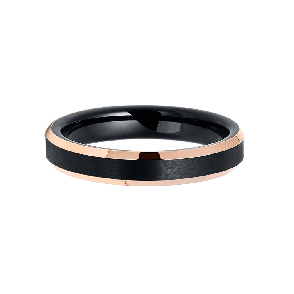 4mm - Rose Gold Tungsten Carbide Wedding Band Shinny Beveled Edges Brushed Black Center