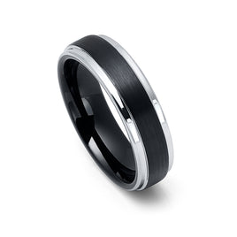 6mm Black Tungsten Wedding Band, Black Brushed Center w/ Silver Stepped Edges