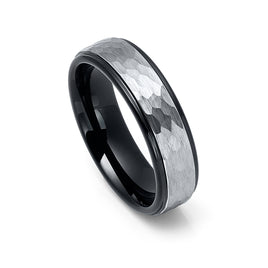 6mm Black Tungsten Wedding Band, Silver Hammered Brushed Center w/ Stepped Edges