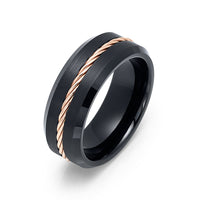 8mm Black Tungsten Carbide Ring W/ Rose Gold Braid Brushed Black Center