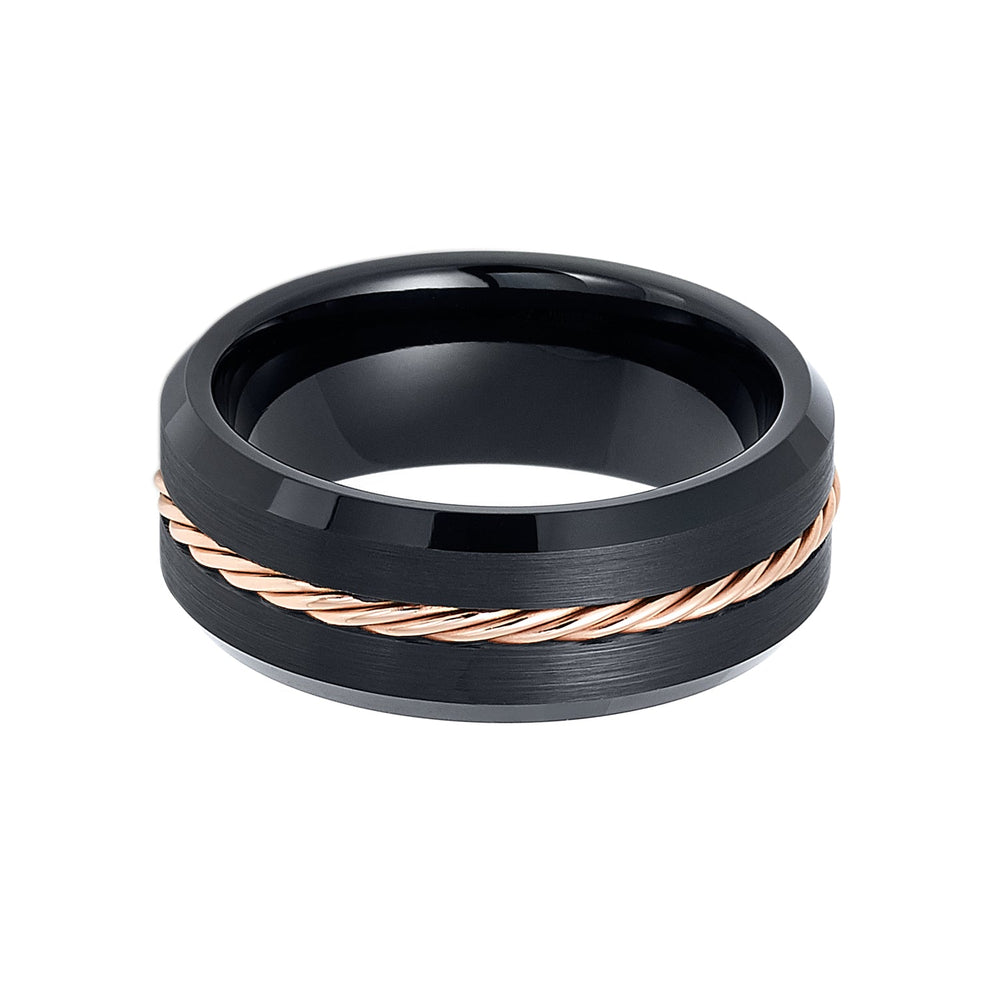 8mm Black Tungsten Carbide Ring W/ Rose Gold Braid Brushed Black Center