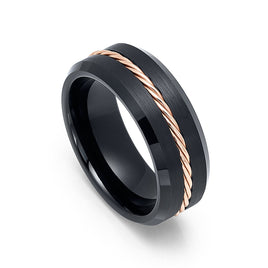 8mm Black Tungsten Carbide Ring W/ Rose Gold Braid Brushed Black Center