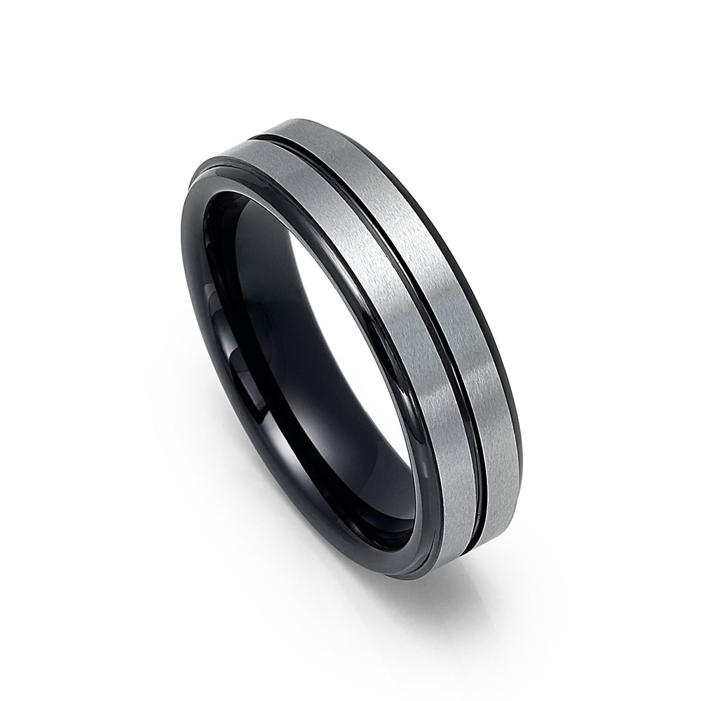 6mm Black Tungsten Wedding Band, Silver Brushed w/ Black center Groove