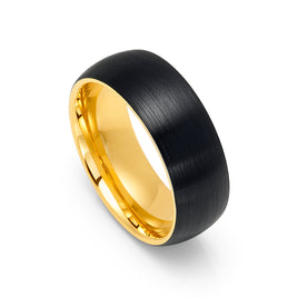Men's Tungsten Ring, Gold & Black Wedding Band, Dome BrushedFinish, Comfort Fit