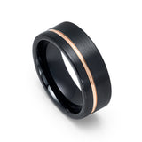 8mm Black Tungsten Wedding Band W/ Off Center Rose Gold Groove