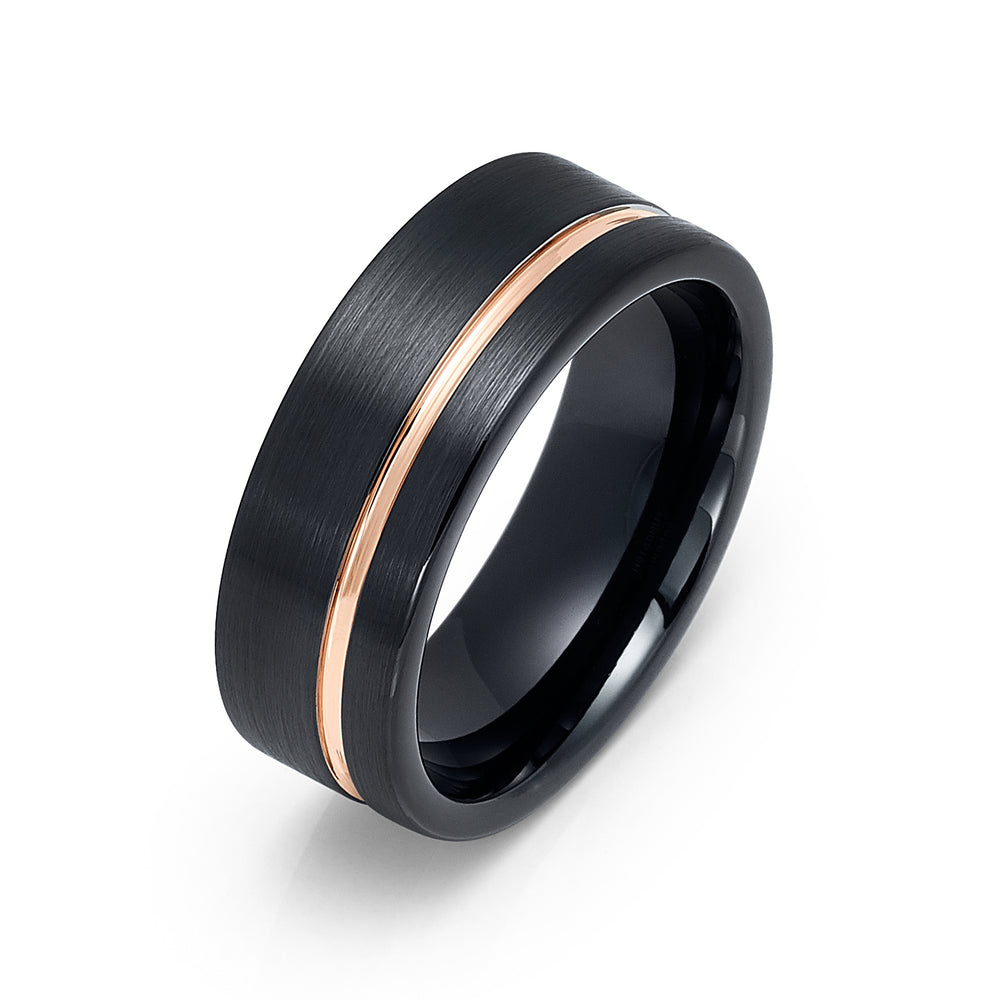 8mm Black Tungsten Wedding Band W/ Off Center Rose Gold Groove