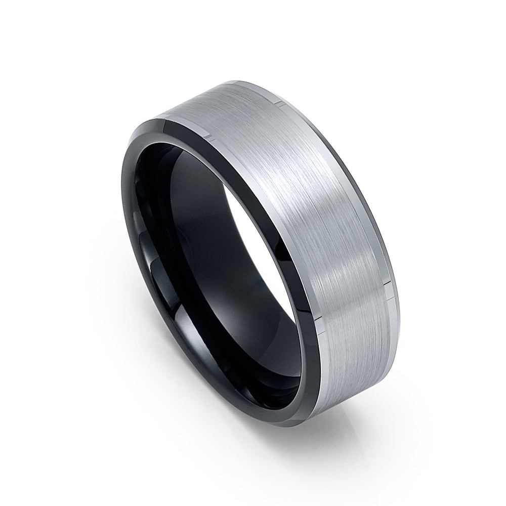 8mm - Black Tungsten Carbide Wedding Band with Black Beveled Edges Brush Center