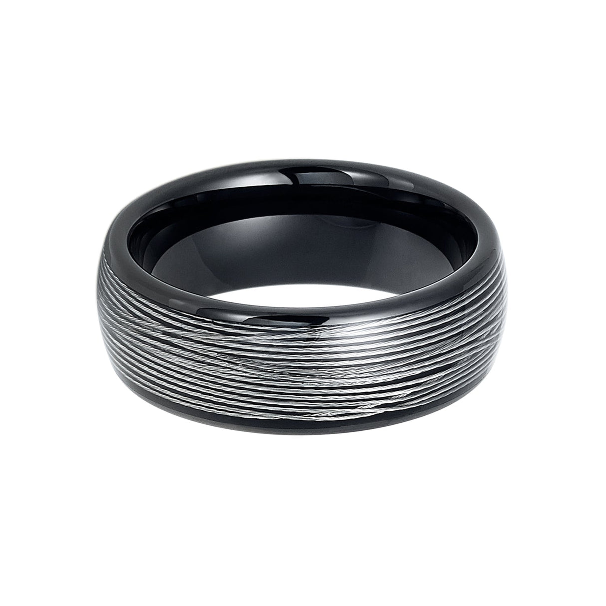 8mm Mens Black Tungsten Carbide Ring W/ Rolled Wire Inlay Domed Ring