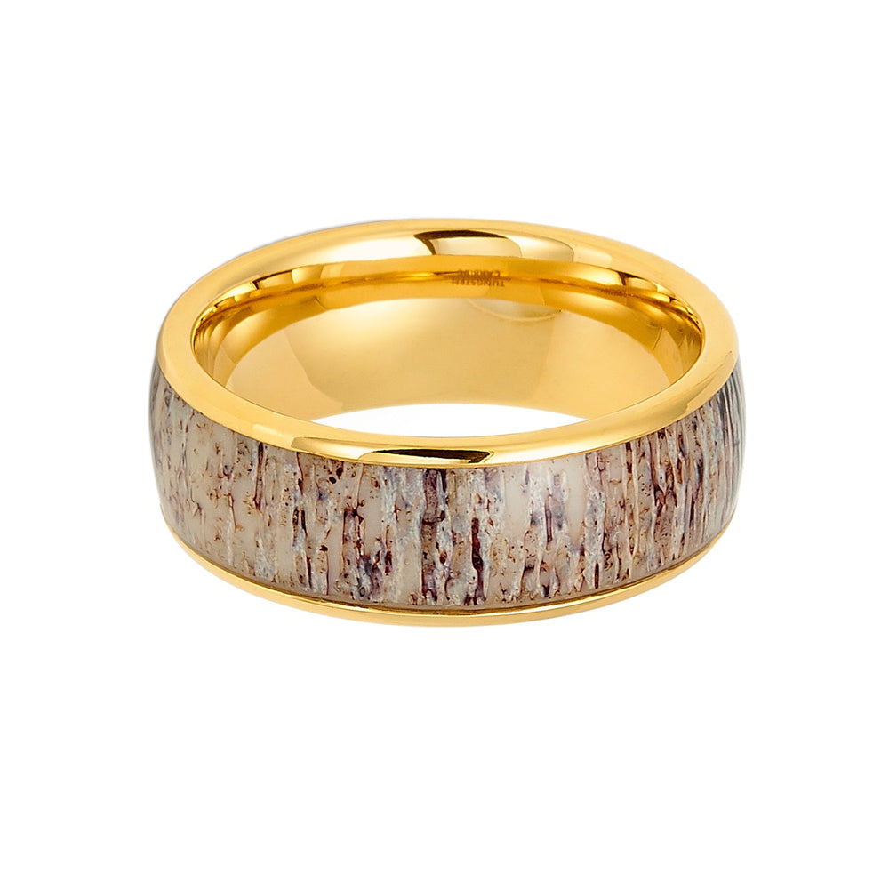 8mm Men's Gold Tungsten Carbide Ring W/ Antler Inlay Domed Ring