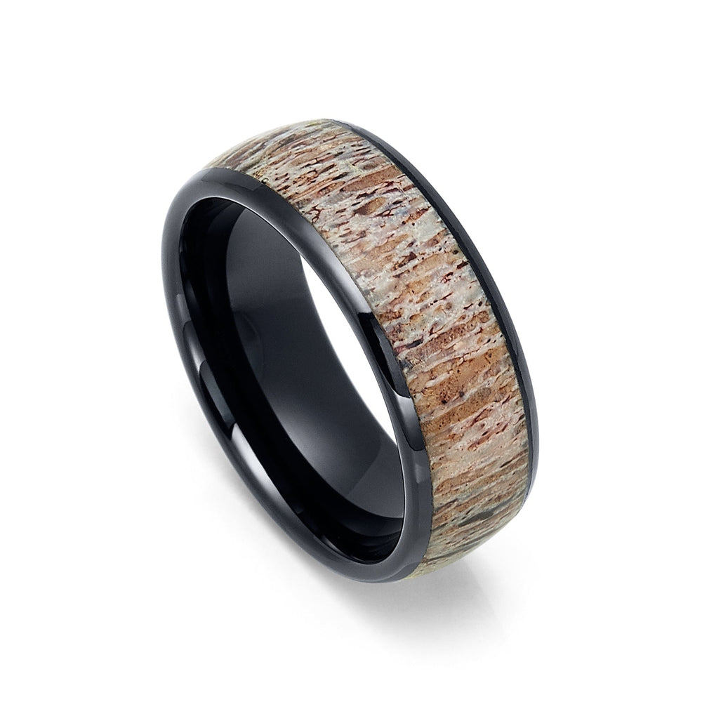 8mm Men's Black Tungsten Carbide Ring W/ Antler Inlay Domed Ring