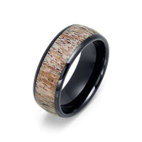 8mm Men's Black Tungsten Carbide Ring W/ Antler Inlay Domed Ring