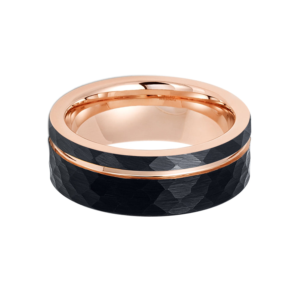 8mm Hammered Black Tungsten Carbide Wedding Band with Rose Gold Groove