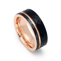 8mm Hammered Black Tungsten Carbide Wedding Band with Rose Gold Groove