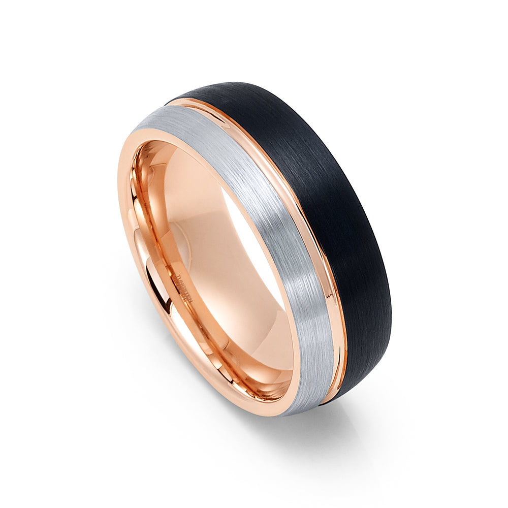 8mm Black & Rose Gold Tungsten Wedding Band, Brushed Rose Gold Groove Ring