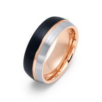 8mm Black & Rose Gold Tungsten Wedding Band, Brushed Rose Gold Groove Ring