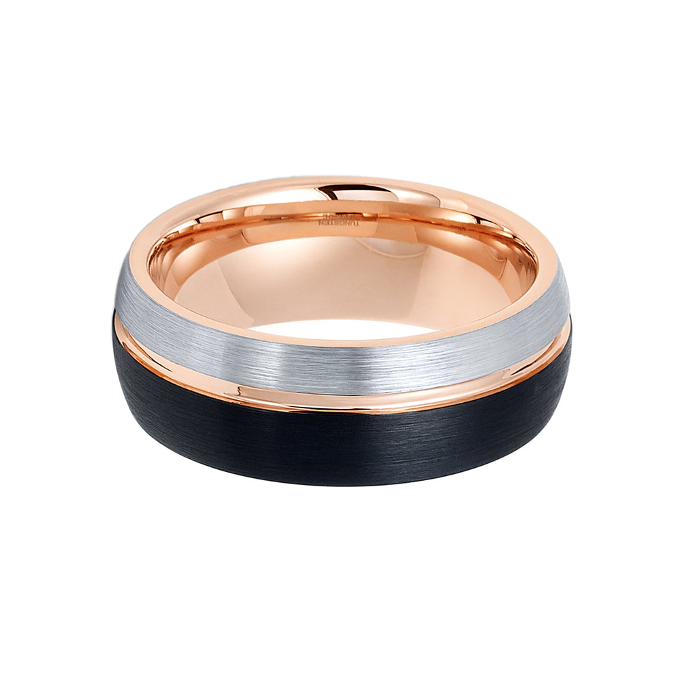 8mm Black & Rose Gold Tungsten Wedding Band, Brushed Rose Gold Groove Ring