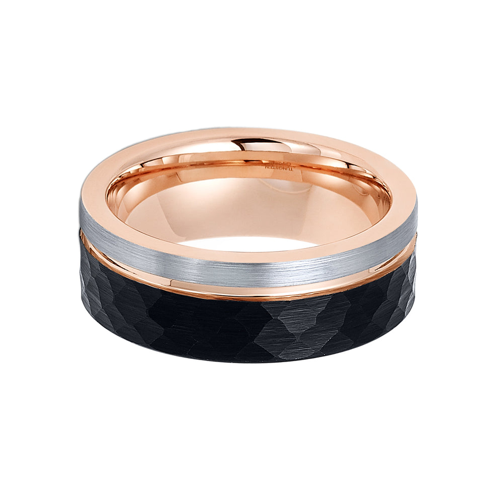 8mm - Mens Tungsten Wedding Band Ring Faceted Black Off Center Rose Gold Groove Comfort-fit