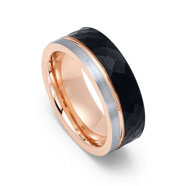 8mm - Mens Tungsten Wedding Band Ring Faceted Black Off Center Rose Gold Groove Comfort-fit