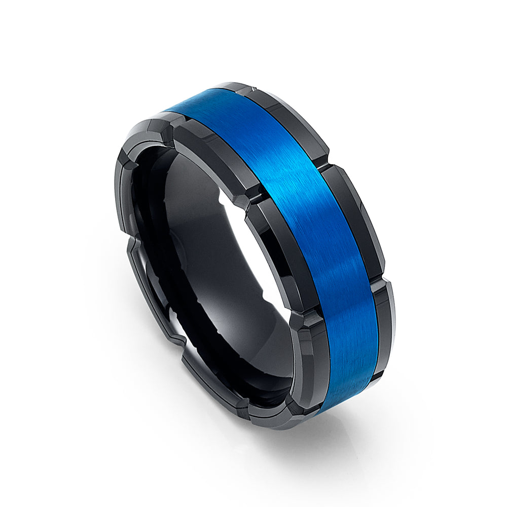 8mm Black & Blue Tungsten Carbide Notched Edges Wedding Ring, Engagement Band