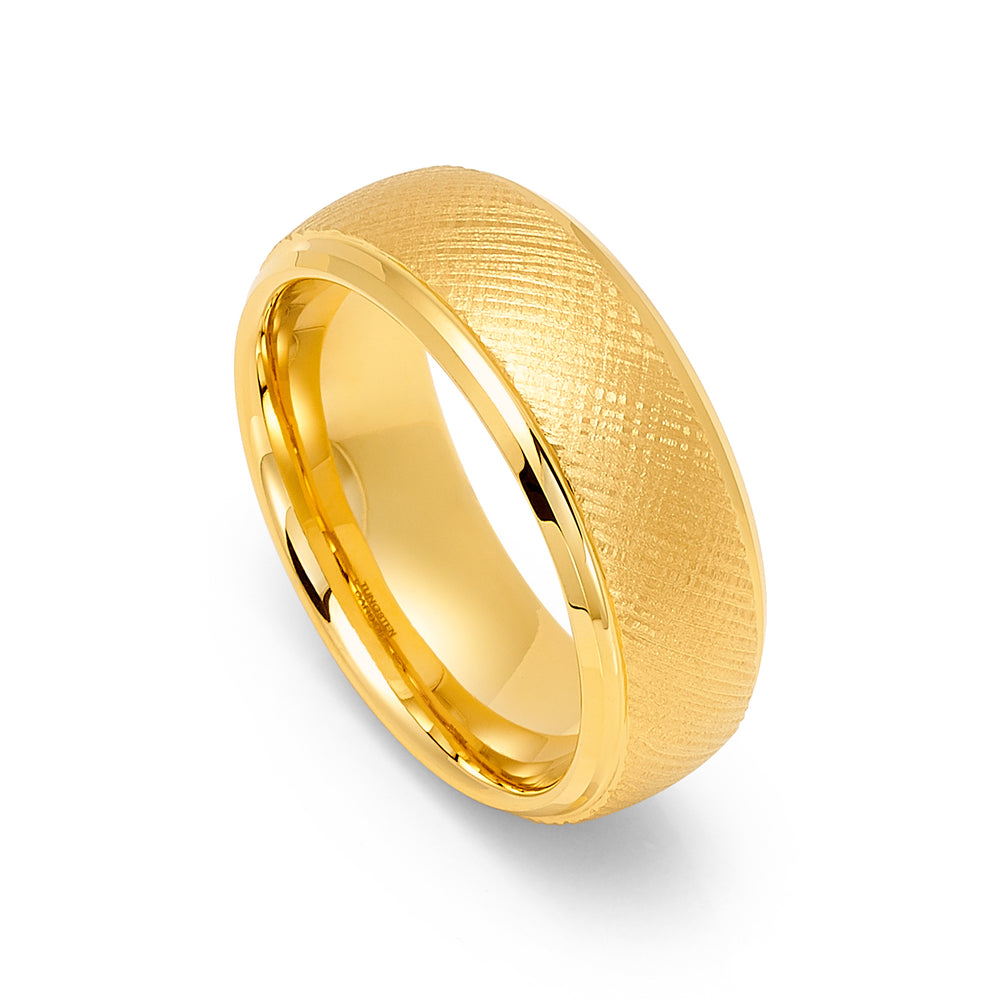 8MM - 14K YELLOW GOLD TUNGSTEN WEDDING BAND Florentine BRUSHED FINISH,
